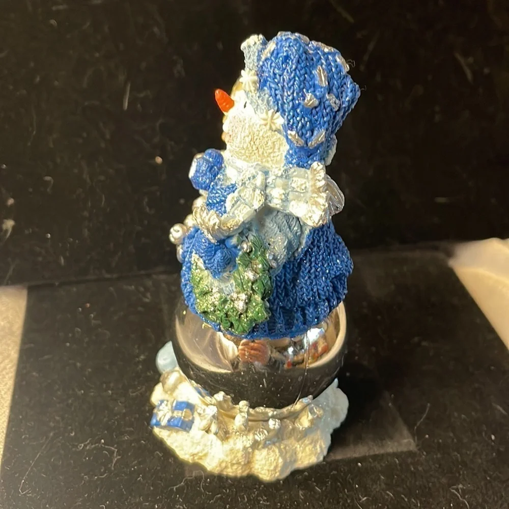 Vintage Blue & White Sparkling Snowman Silver Ornament Base Figurine